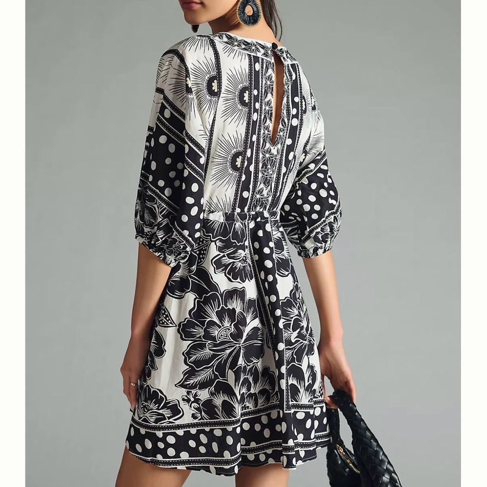 Anthropologie Farm Rio linen Puff-Sleeve Mini Dress adjustable waist Sz S NWT - Picture 2 of 13